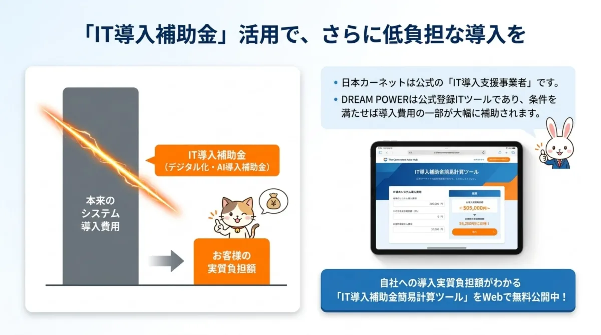 IT導入補助金の活用で、さらに低負担な導入を。日本カーネットは公式のIT導入支援事業者、DREAM POWERは公式登録ITツール。