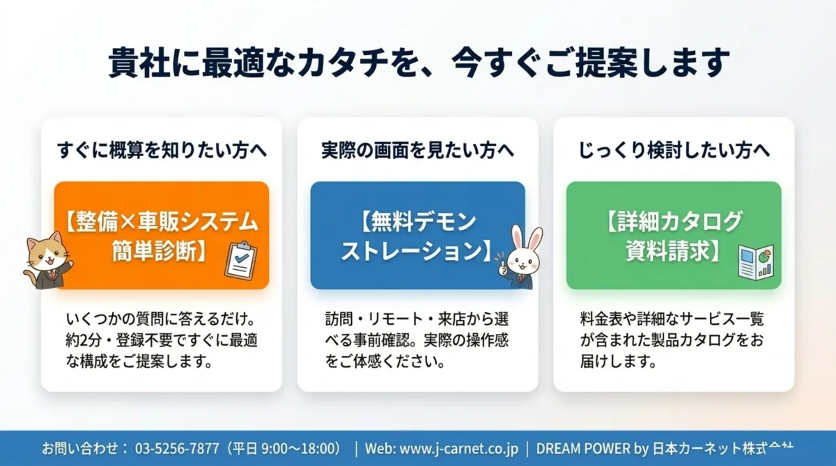 貴社に最適なカタチを今すぐご提案します。整備×車販システム簡単診断、無料デモンストレーション、詳細カタログ資料請求。