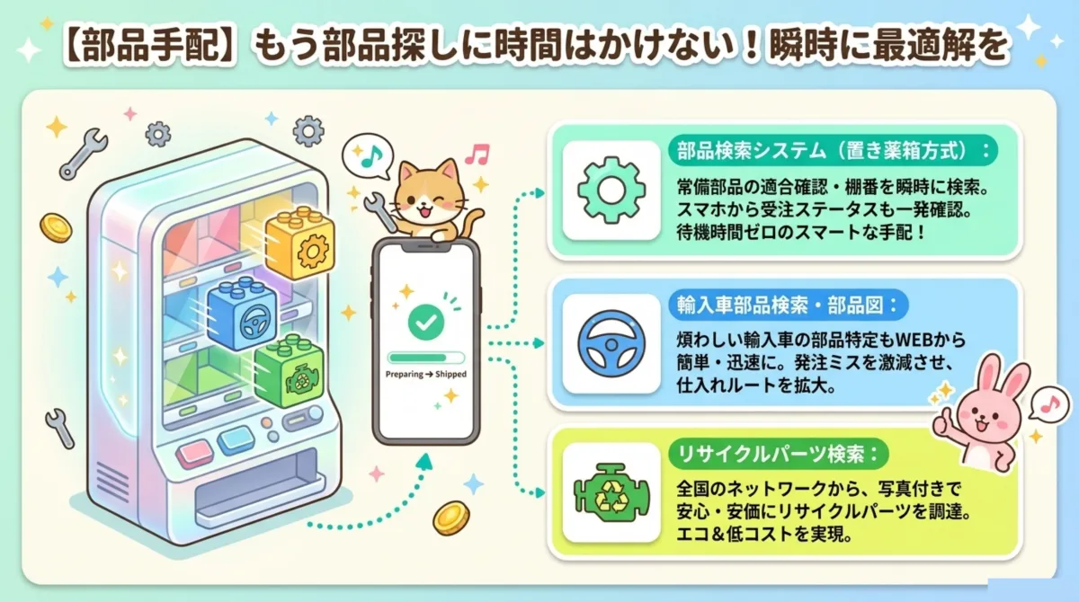 部品手配｜部品検索システム置き薬箱方式、輸入車部品検索・部品図、リサイクルパーツ検索