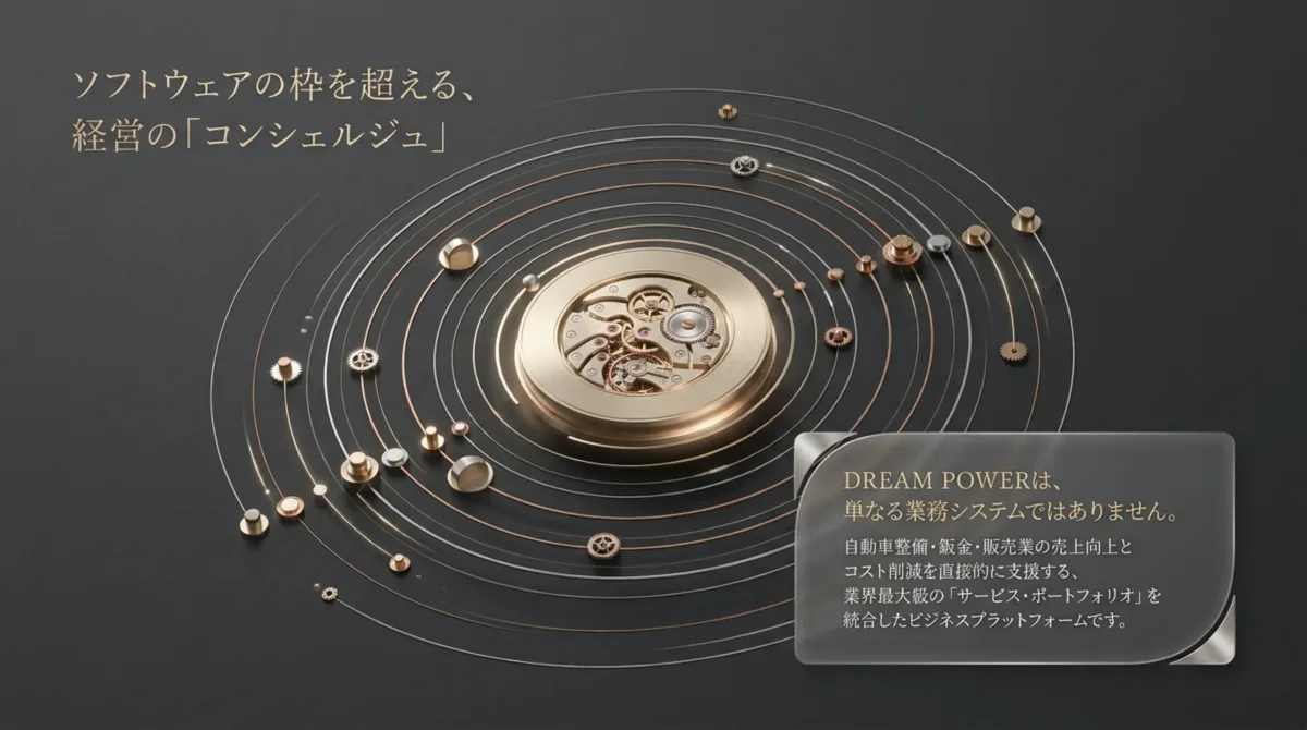 ソフトウェアの枠を超える、経営の「コンシェルジュ」。DREAM POWERは単なる業務システムではありません。自動車整備・鈑金・販売業の売上向上とコスト削減を直接的に支援する、業界最大級のサービス・ポートフォリオを統合したビジネスプラットフォームです。