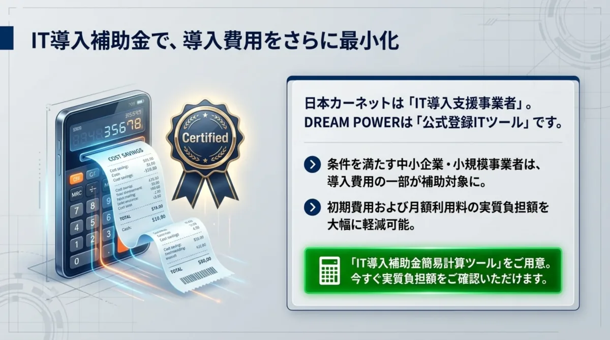 IT導入補助金で DREAM POWER の導入費用を最小化 — 公式登録ITツール認証