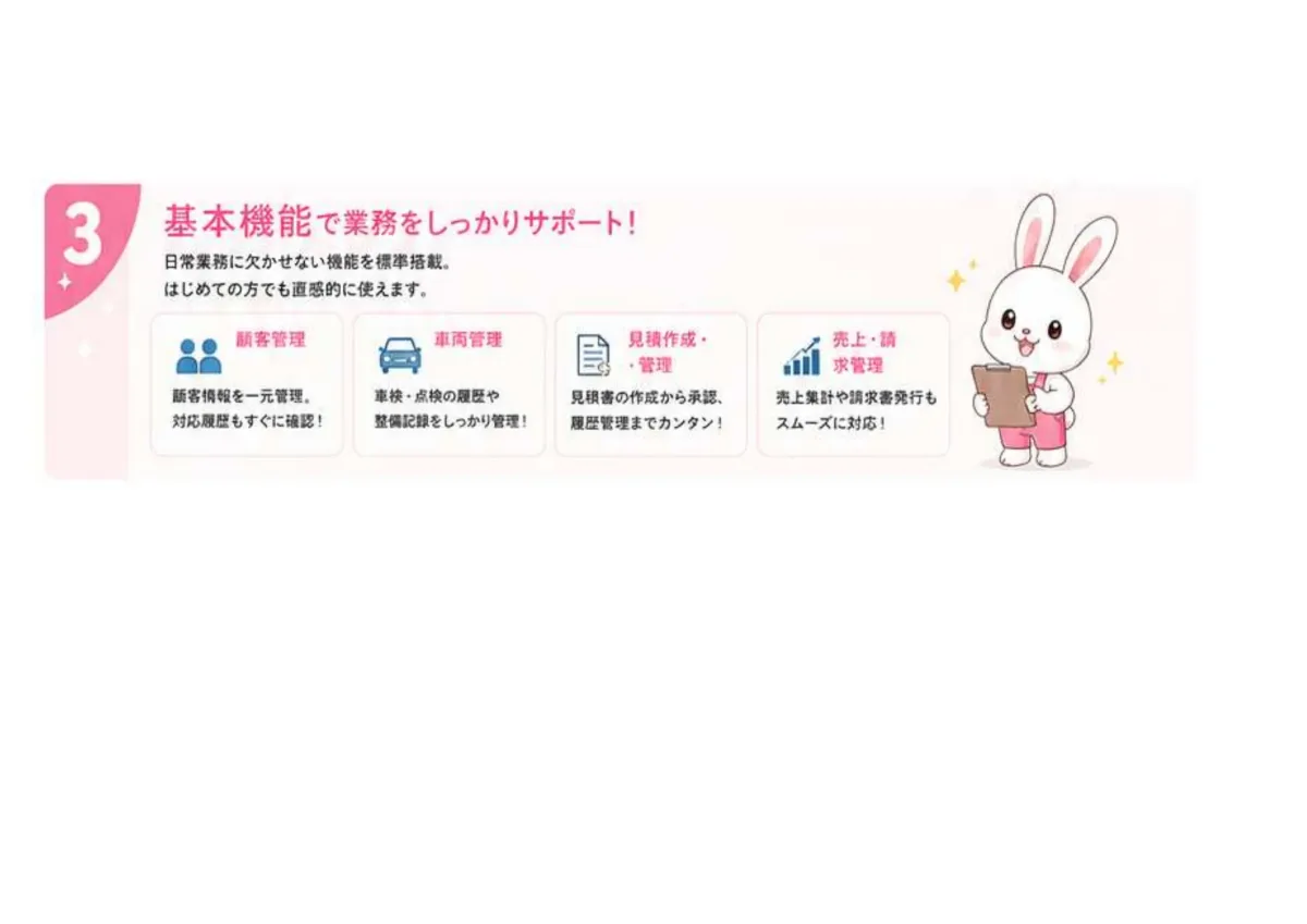 基本機能で業務をしっかりサポート。顧客管理・車両管理・見積作成管理・売上請求管理を標準搭載。はじめての方でも直感的に使える