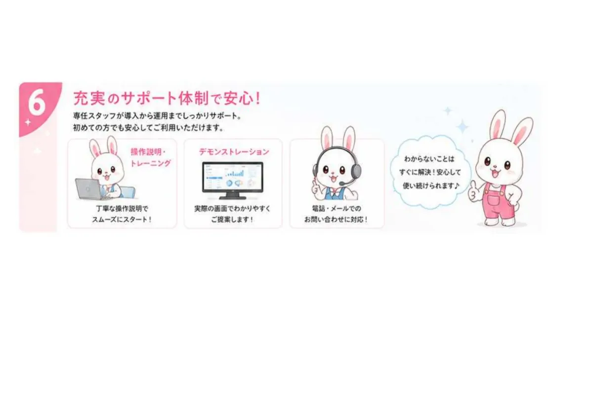 充実のサポート体制で安心。専任スタッフが導入から運用までサポート。操作説明・トレーニング、デモンストレーション、電話・メールでのお問い合わせ対応