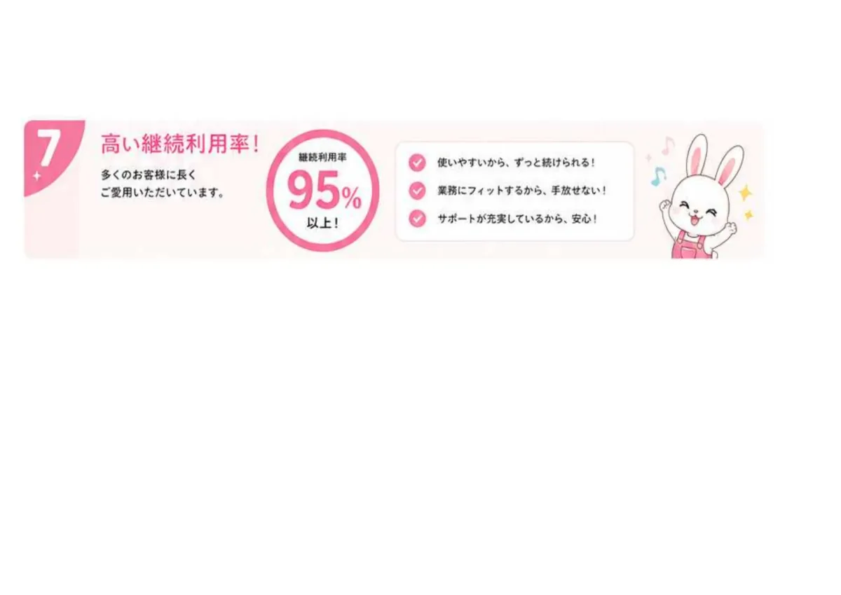 高い継続利用率95%以上。多くのお客様に長くご愛用いただいている。使いやすい、業務にフィットする、サポートが充実しているから手放せない