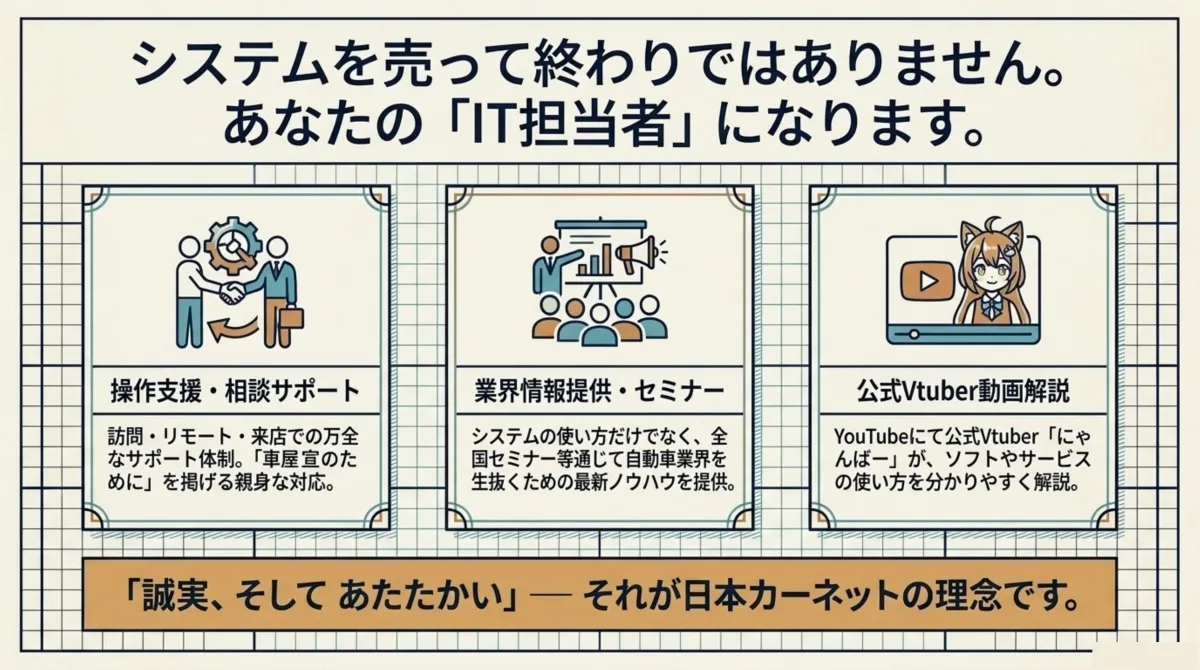 操作支援・相談サポート、業界情報提供・セミナー、公式Vtuberにゃんばーの動画解説で伴走する日本カーネットのサポート体制の図