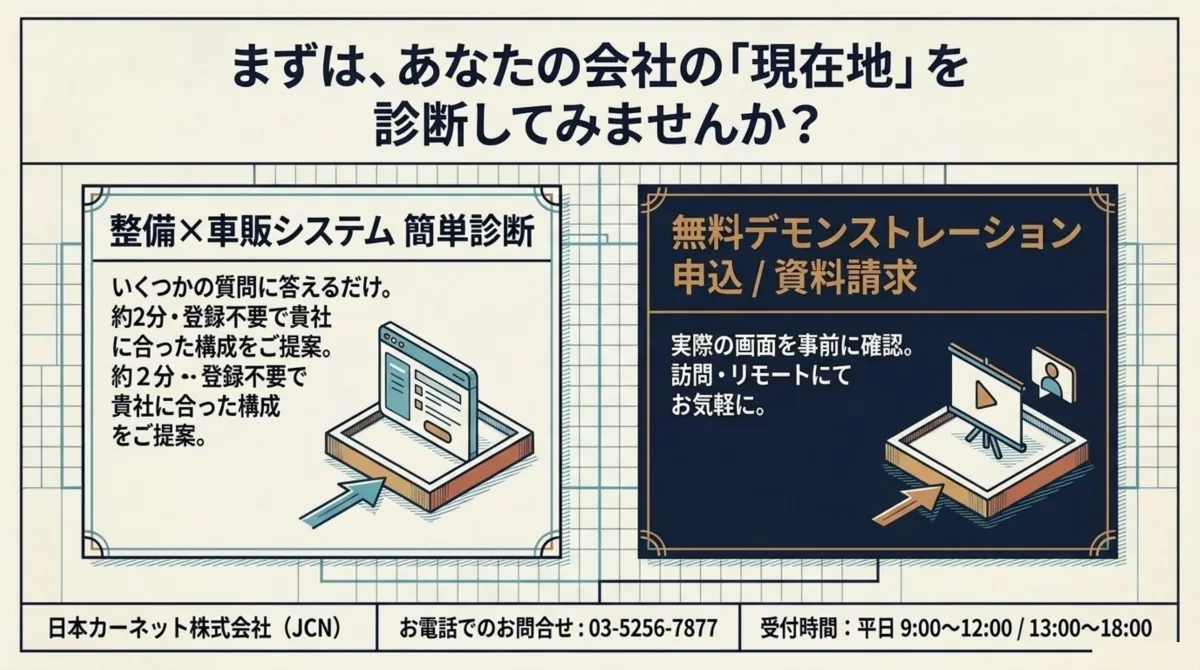 整備×車販システムの簡単診断と無料デモンストレーション申込・資料請求への案内。日本カーネット株式会社JCNの問い合わせ先