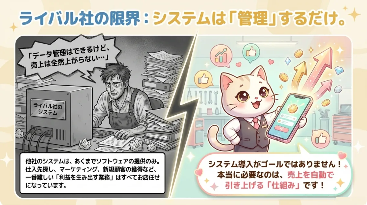 他社システムは管理機能のみで、利益を生む業務は店任せ。DREAM POWERは売上を自動で引き上げる仕組みを提供。