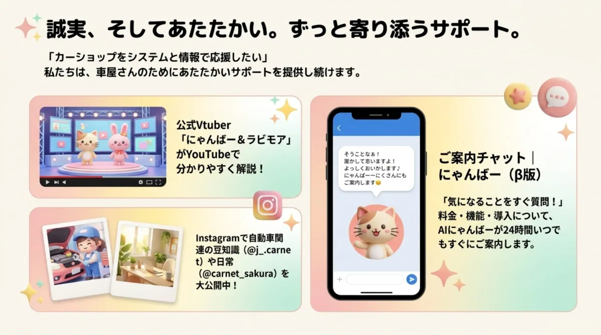 あたたかいサポート。公式Vtuberにゃんばー&ラビモア、Instagram、AIチャットにゃんばー(β版)。