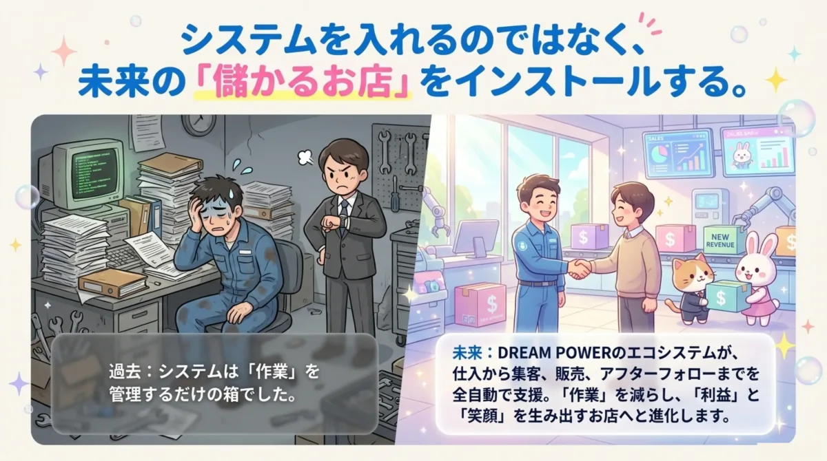 過去:システムは作業を管理する箱だった。未来:DREAM POWERのエコシステムが仕入から集客・販売・アフターまでを全自動で支援。